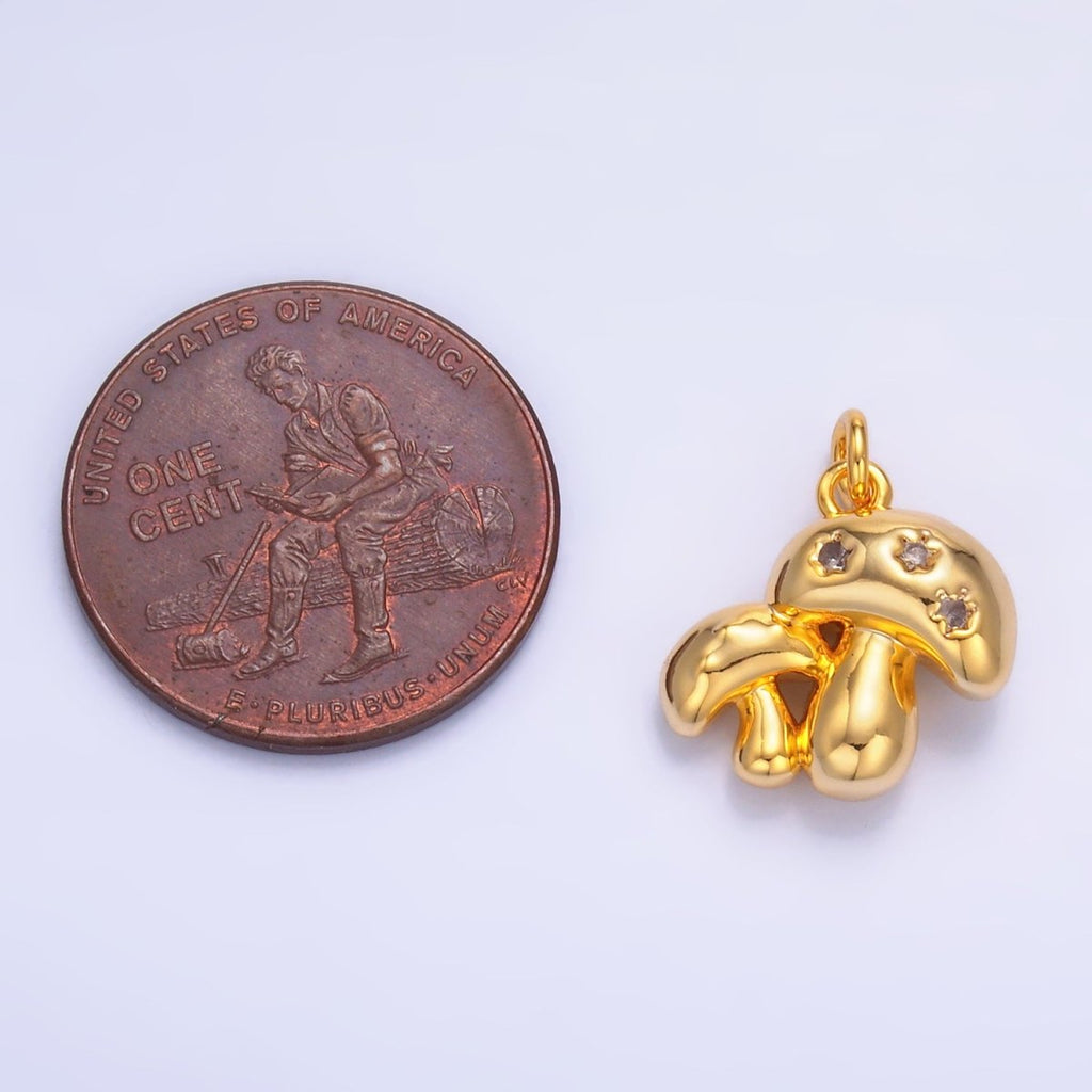 24K Gold Filled CZ Double Mushroom 3D Charm — Gold & Silver | Hypoallergenic Jewelry Finding