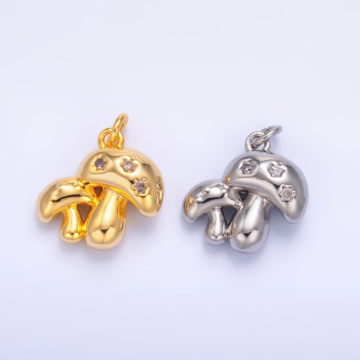 24K Gold Filled CZ Double Mushroom 3D Charm — Gold & Silver | Hypoallergenic Jewelry Finding