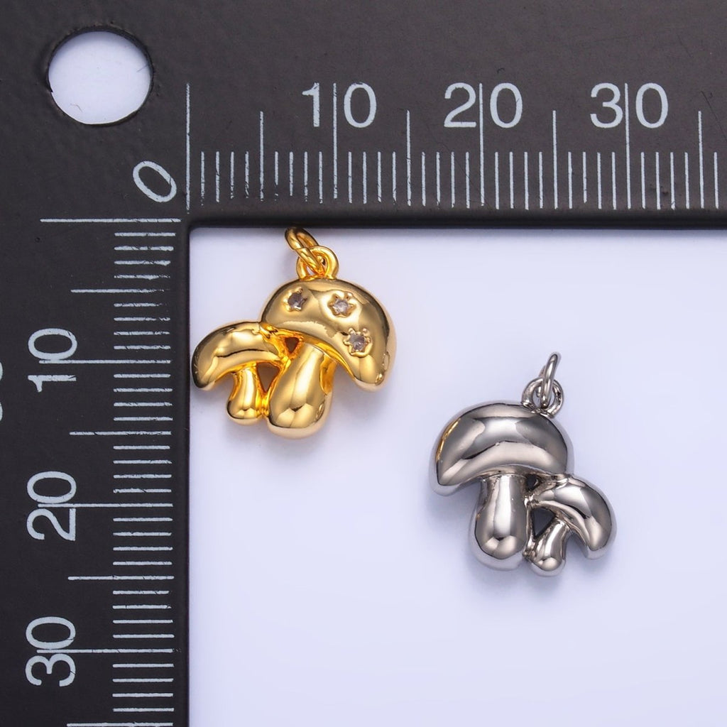 24K Gold Filled CZ Double Mushroom 3D Charm — Gold & Silver | Hypoallergenic Jewelry Finding