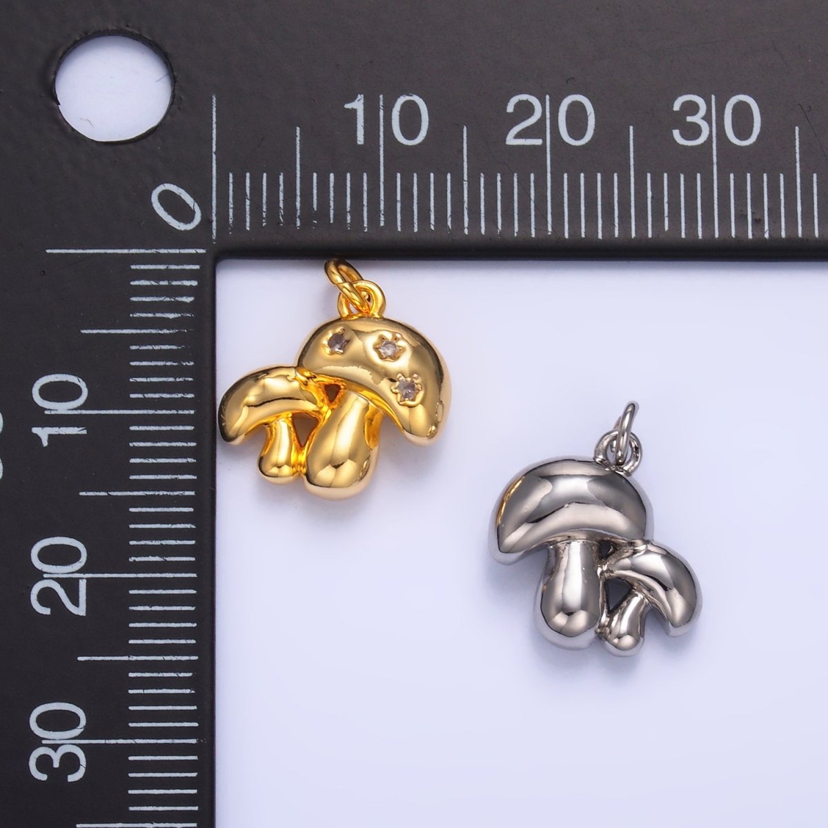 24K Gold Filled CZ Double Mushroom 3D Charm — Gold & Silver | Hypoallergenic Jewelry Finding