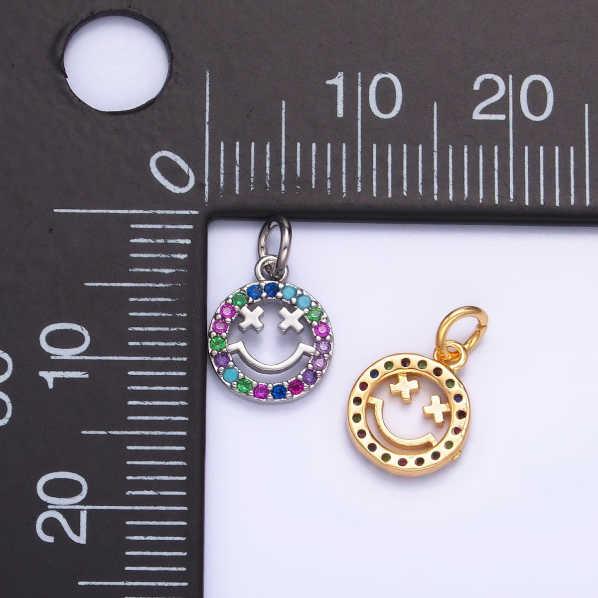 24K Gold Filled Multicolor CZ Smiley Face Charm — Gold & Silver | Hypoallergenic Jewelry Finding