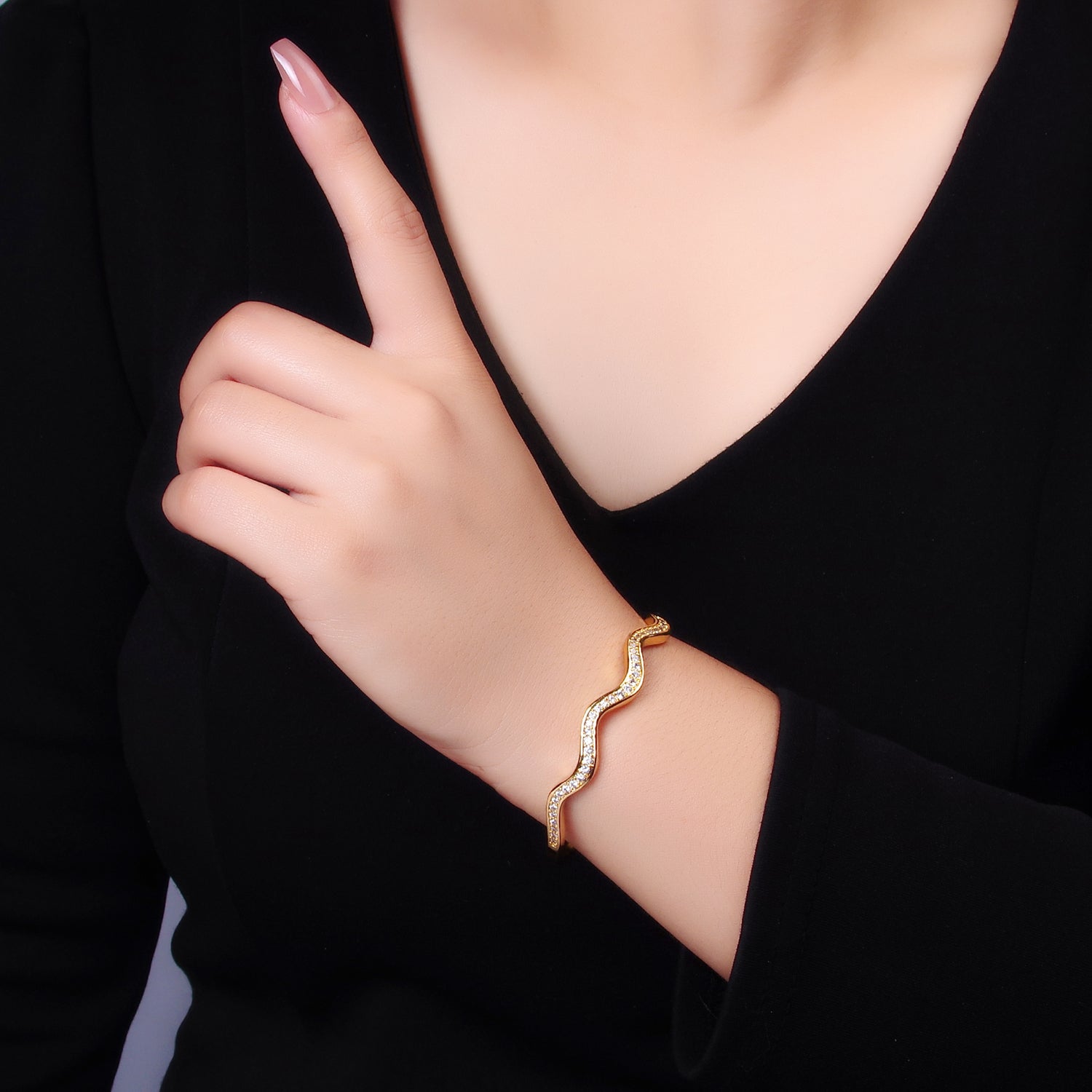 24K Gold Filled Micro Paved CZ Wave Cuff Bracelet — Gold | Hypoallergenic Bangle
