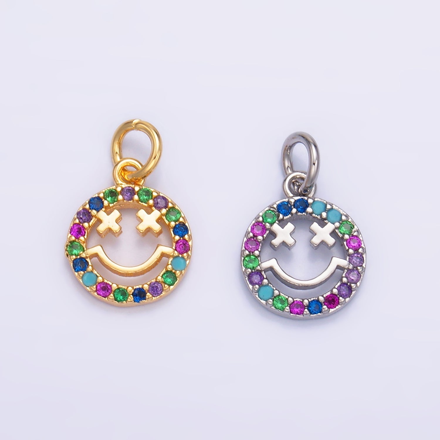 24K Gold Filled Multicolor CZ Smiley Face Charm — Gold & Silver | Hypoallergenic Jewelry Finding