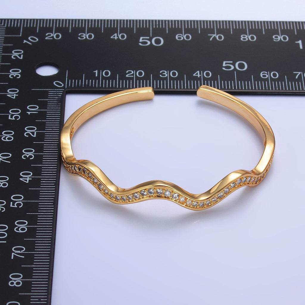 24K Gold Filled Micro Paved CZ Wave Cuff Bracelet — Gold | Hypoallergenic Bangle